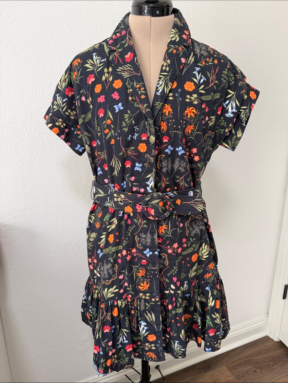 Hutch Black Floral Belted Mini Dress with Multicolor Blooms